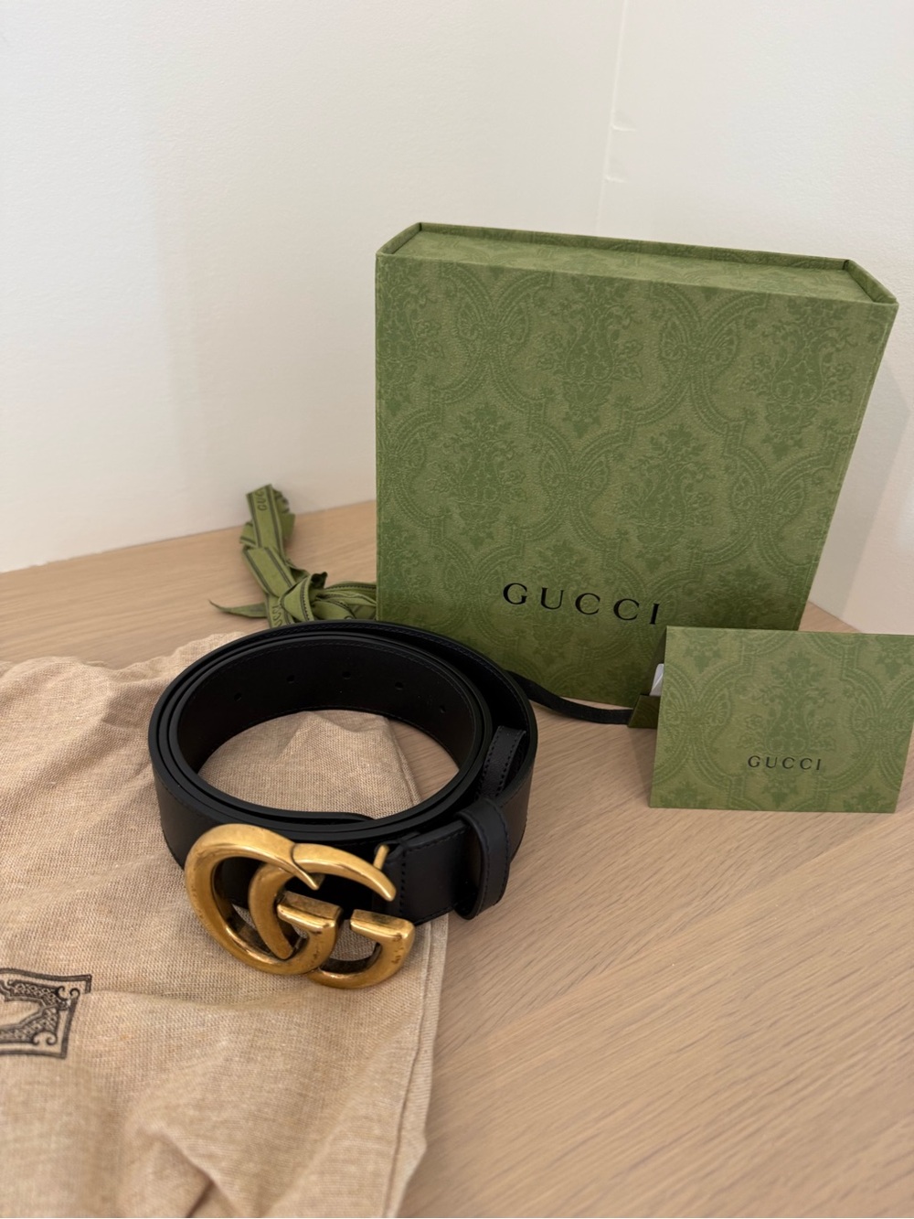 Gucci Black Leather Belt with Antiqued Gold Double G Buckle